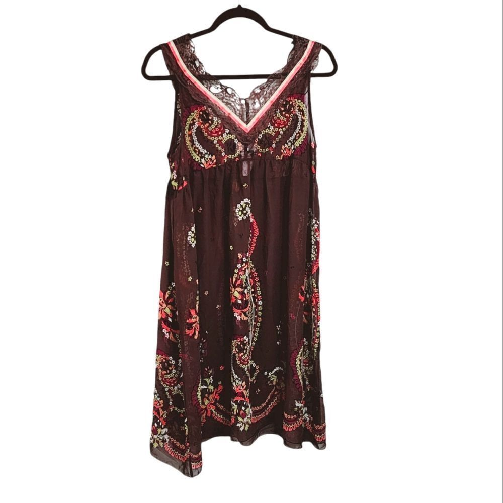 Y2K Slip dress L brown sheer & lace floral paisley Forest Fairy empire waist